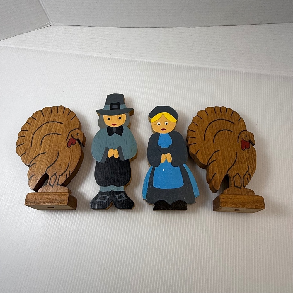 4 Rustic Primitive Handpainted Wooden Pilgrims, Turkeys Thanksgiving Fall 6.5"